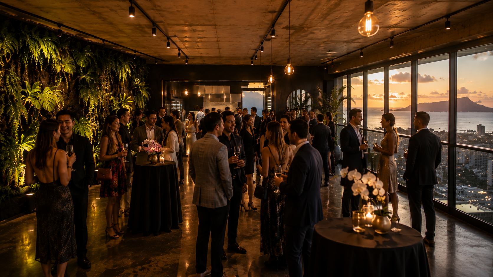 Tower41 event space with founders mingling, warm Edison bulbs, tropical plants, and Honolulu sunset view through floor-to-ceiling windows